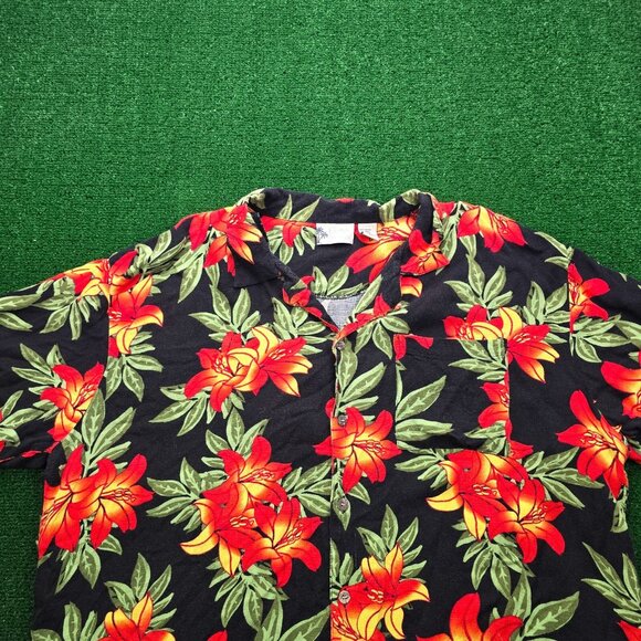 Island Shores Hawaiian Shirt Mens 2XL Black Red Floral Button Up Tropical Camp - Picture 2 of 9